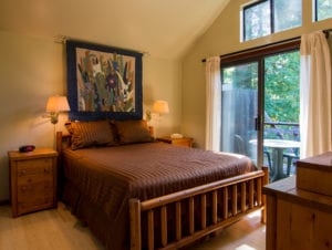 Acorn Cabin Bedroom and deck at Creekside Resort