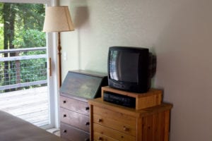 Crane Cabin bedroom tv and deck